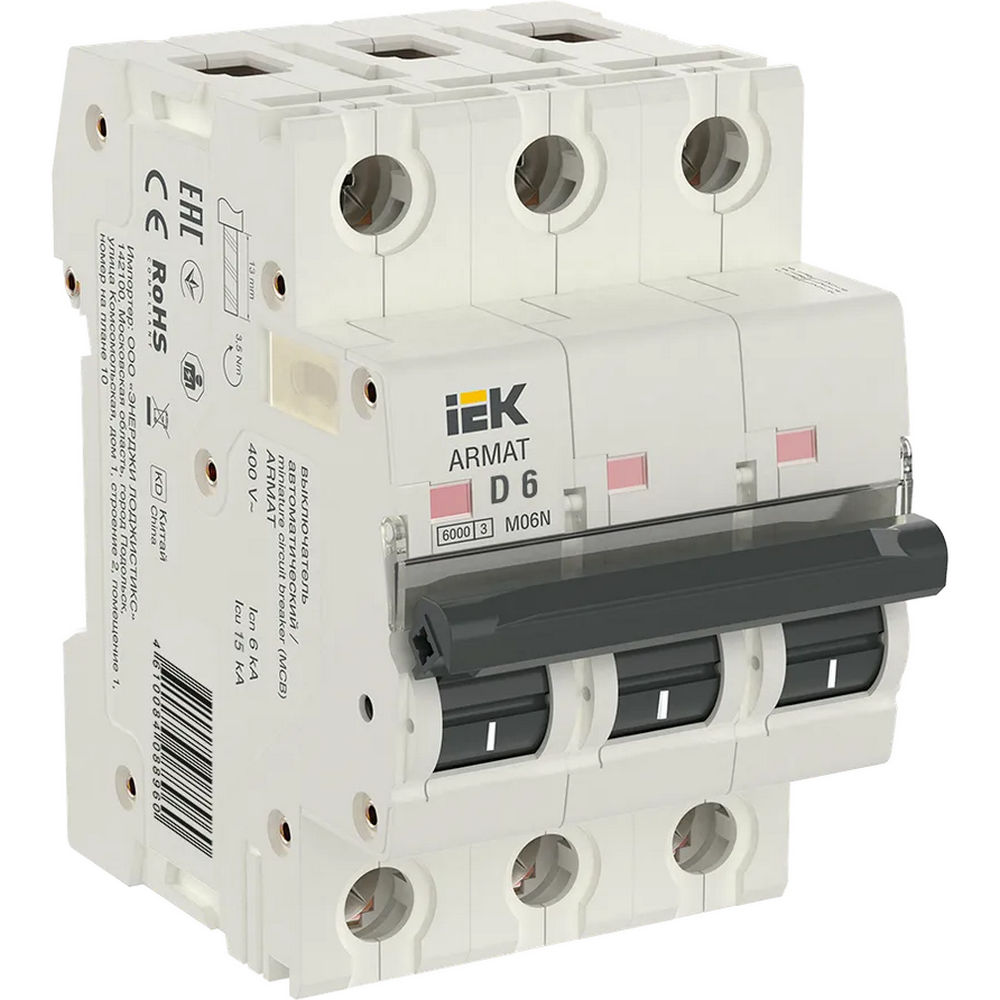 Автоматический выключатель трехполюсный IEK ARMAT M06N 3P 6А (D) 6kА, переменный ток, сила тока 6 А
