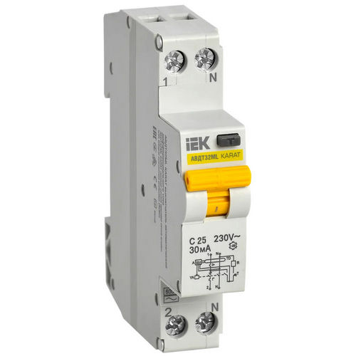 Автоматические выключатели дифференциального тока двухполюсные IEK KARAT АВДТ32ML 1P+N, сила тока 16-25 А, переменный, отключающая способность 6 kА