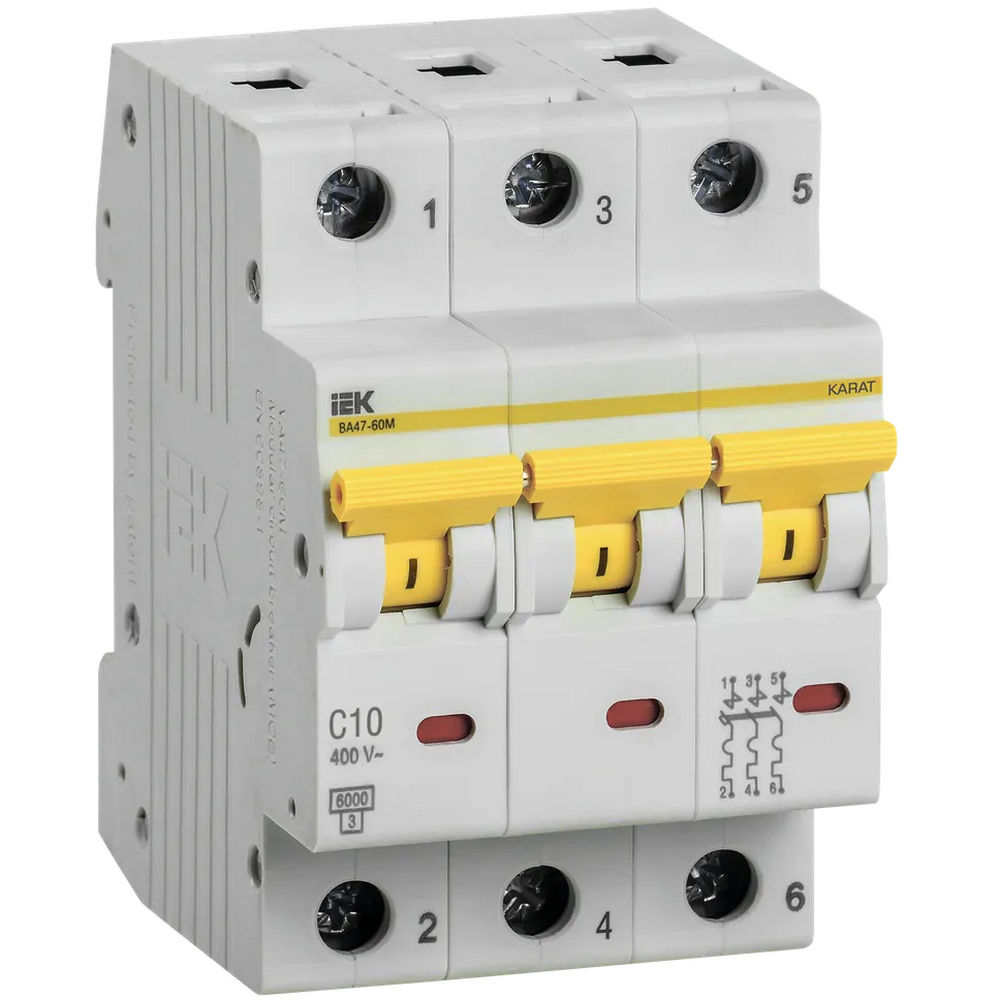 Автоматический выключатель трехполюсный IEK KARAT ВА47-60M 3P 10А (С) 6kА, переменный/постоянный ток, сила тока 10 А