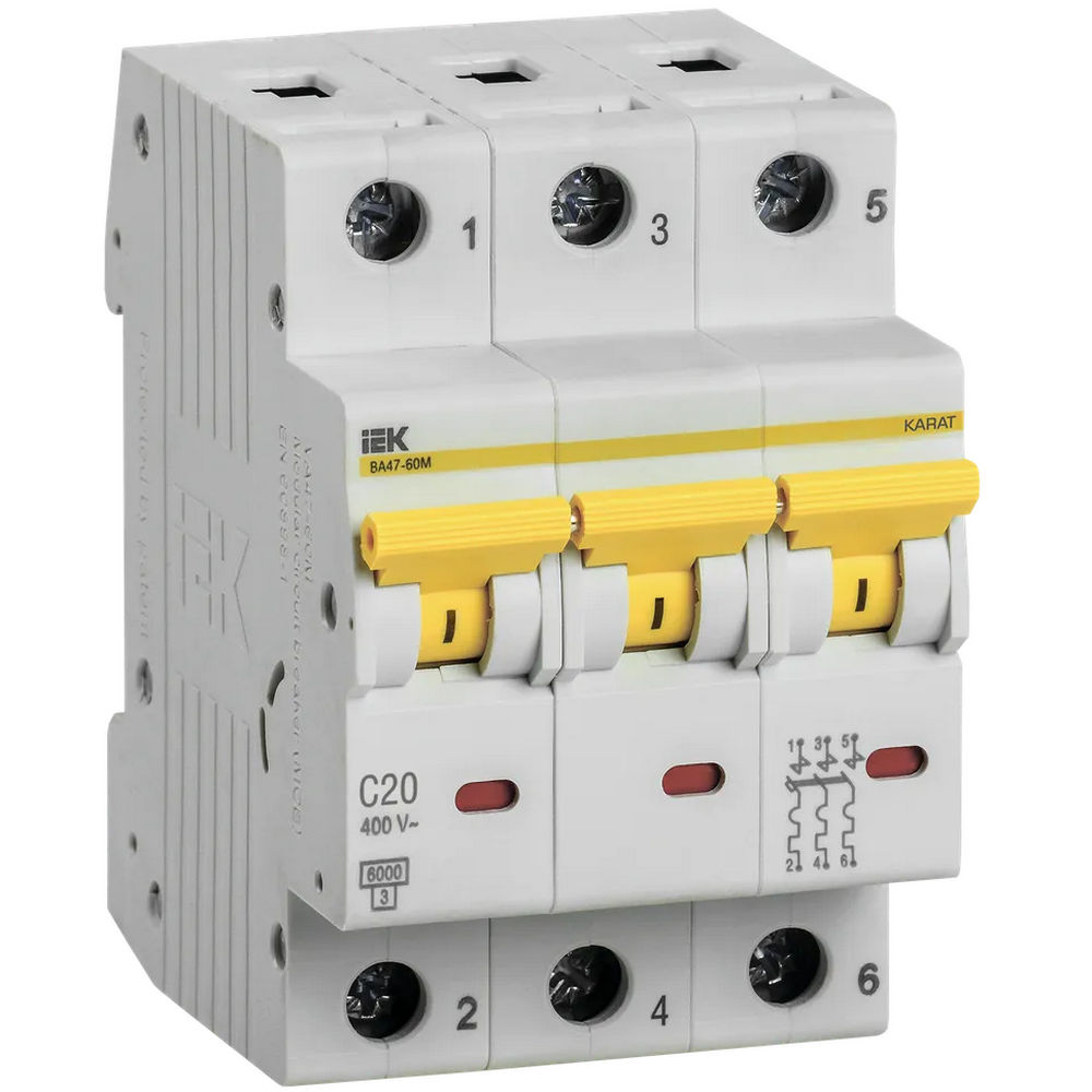 Автоматический выключатель трехполюсный IEK KARAT ВА47-60M 3P 20А (С) 6kА, переменный/постоянный ток, сила тока 20 А