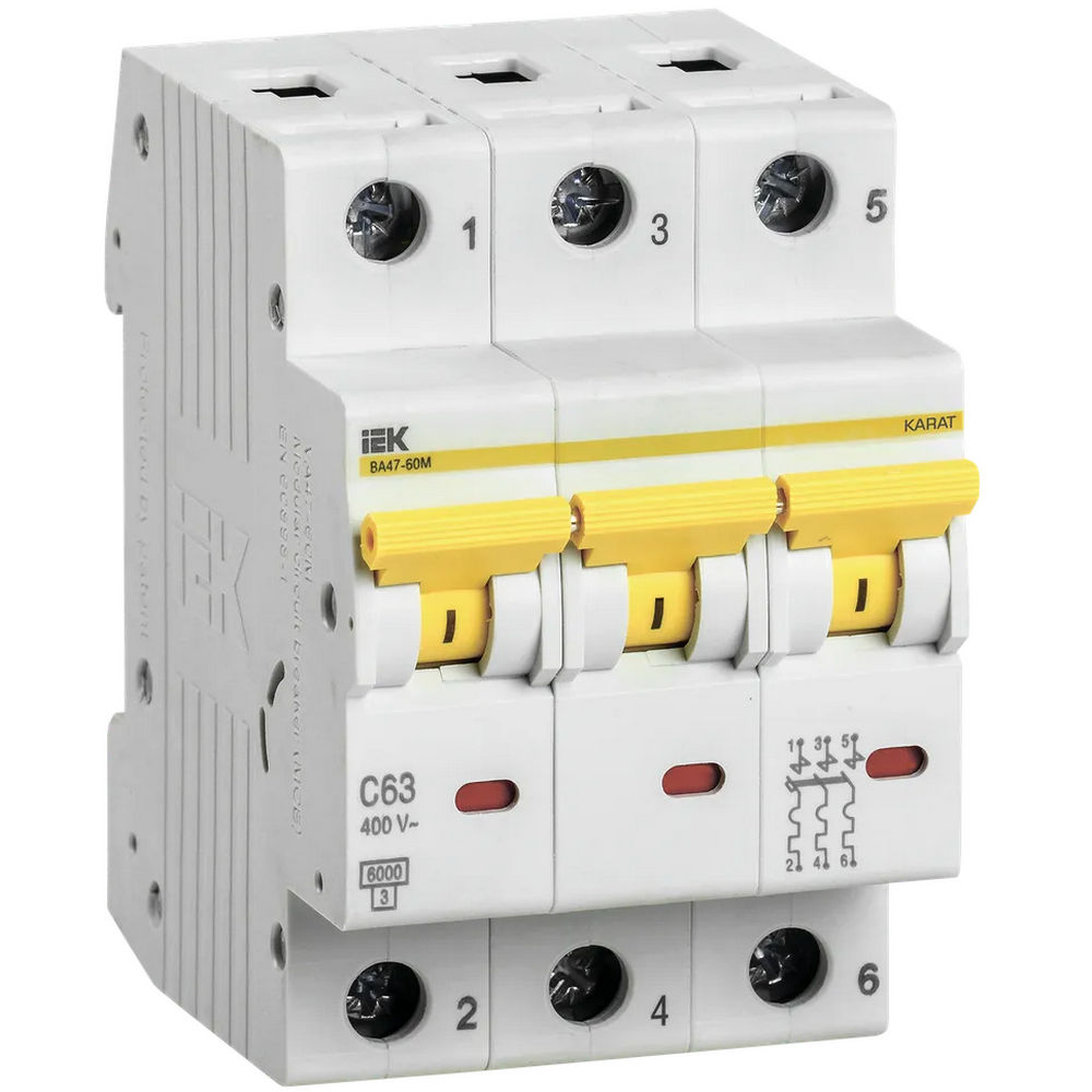 Автоматический выключатель трехполюсный IEK KARAT ВА47-60M 3P 63А (С) 6kА, переменный/постоянный ток, сила тока 63 А