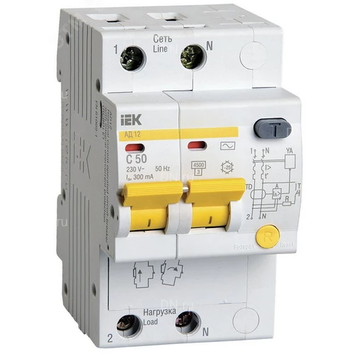 Автоматические выключатели дифференциального тока двухполюсные IEK KARAT АД12 ток утечки 300мА, переменный, сила тока 50А, отключающая способность 4.5кА