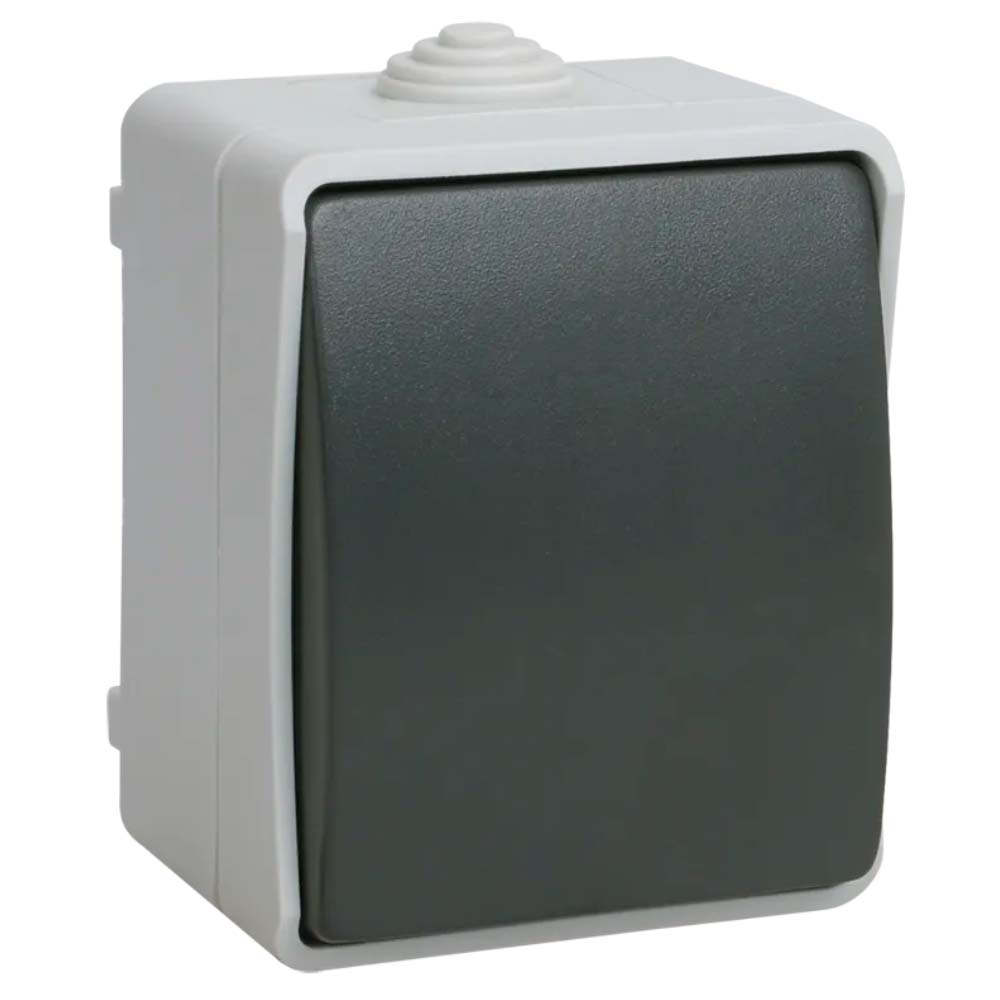 Выключатель кнопочный IEK ФОРС открытой установки, номинальный ток - 10 А, степень защиты IP54, цвет серый