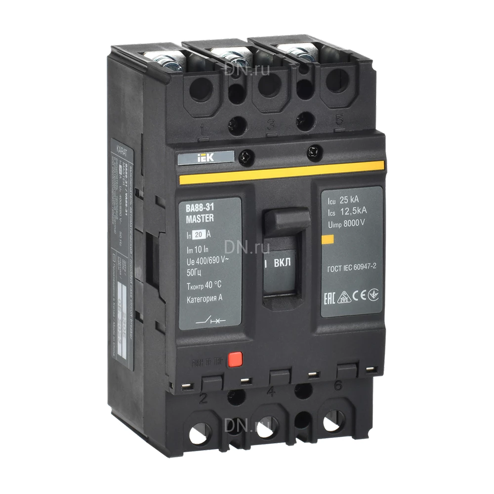 Автоматический выключатель в литом корпусе трехполюсный IEK MASTER BA 88-31 25А 25кА сила тока 25А, отключающая способность 25кА SVA00-3-0025-02
