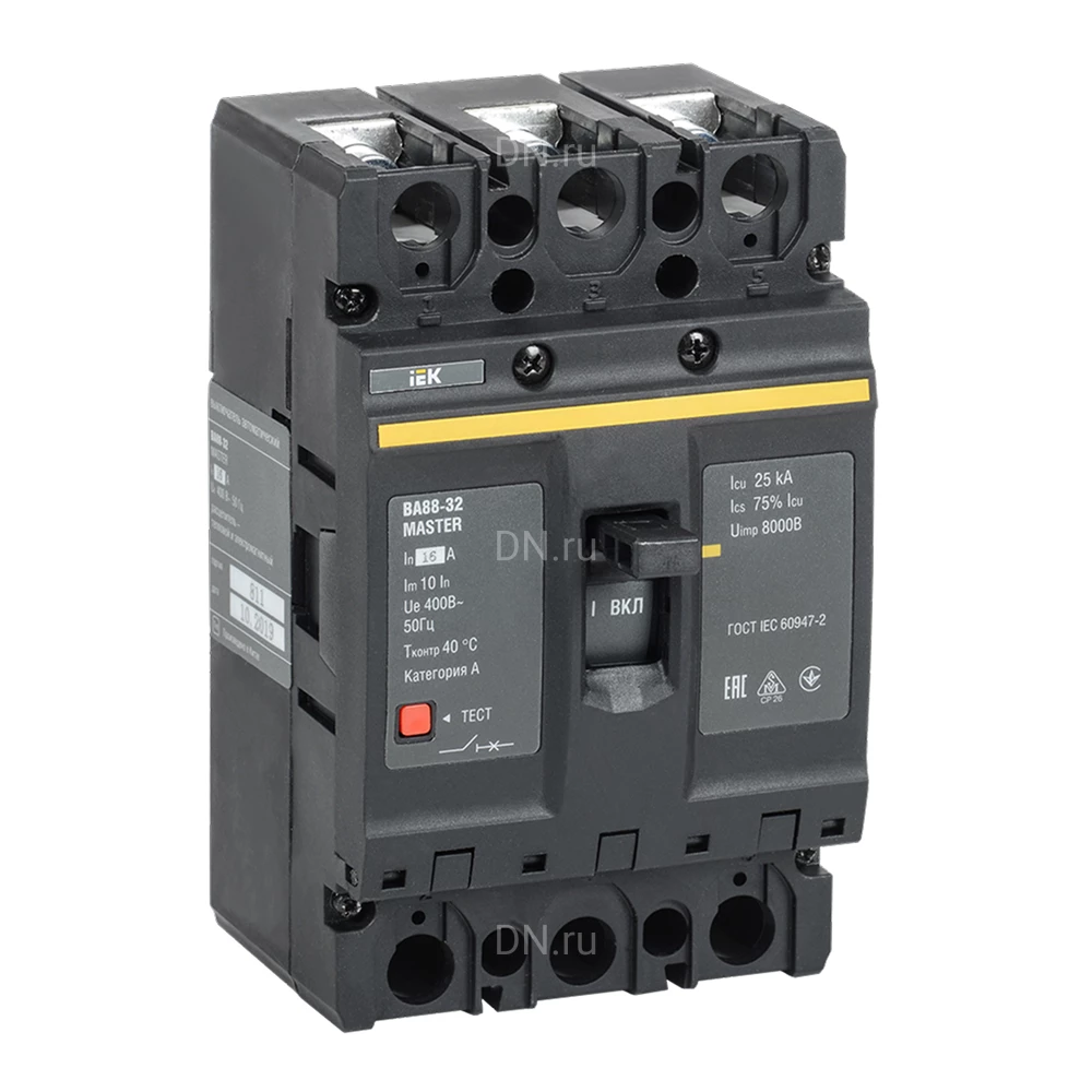 Автоматический выключатель в литом корпусе трехполюсный IEK MASTER BA 88-32 16А 25кА сила тока 16А, отключающая способность 25кА SVA10-3-0016-02