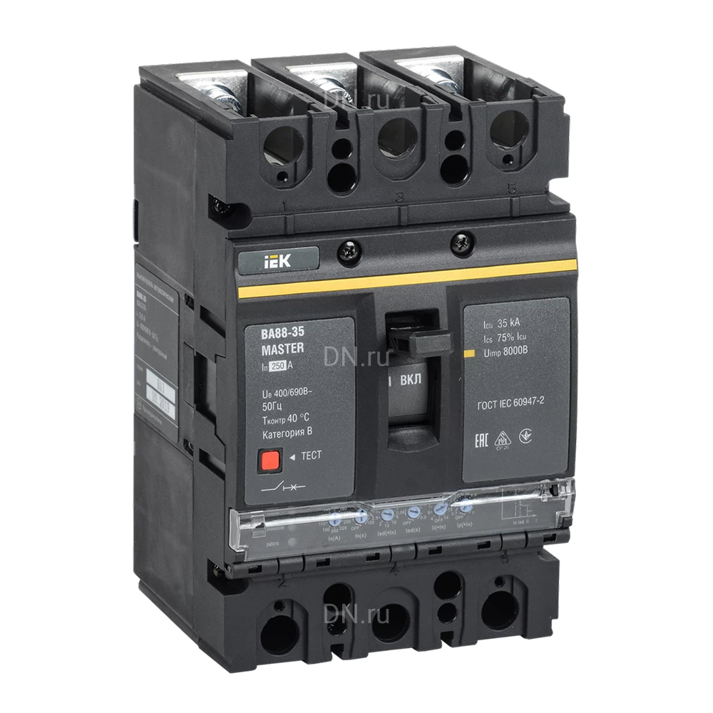 Автоматический выключатель в литом корпусе трехполюсный IEK MASTER BA 88-32 250А 35кА сила тока 250А, отключающая способность 35кА, с электронным расцепителем SVA10-3-0250-02