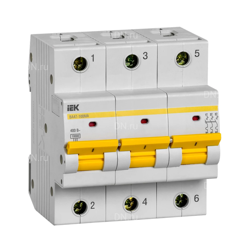 Автоматический выключатель модульный трехполюсный IEK KARAT ВА47-100MA 3P (D) 125А 10кА, сила тока 125А, тип расцепителя D, отключающая способность 10кА MVA43-3-125-D