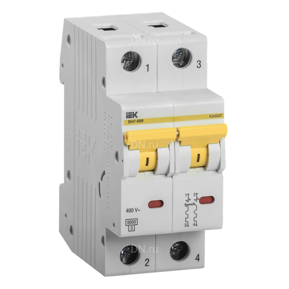 Автоматический выключатель модульный двухполюсный IEK KARAT ВА47-60M 2P (C) 20А 6кА, сила тока 20А, тип расцепителя C, отключающая способность 6кА MVA31-2-020-C