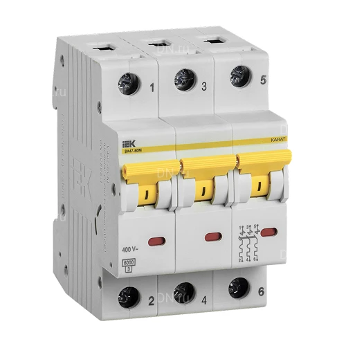 Автоматические выключатели модульные трехполюсные IEK KARAT ВА47-60M 3P (С) сила тока 1-63А, тип расцепителя С, отключающая способность 6кА