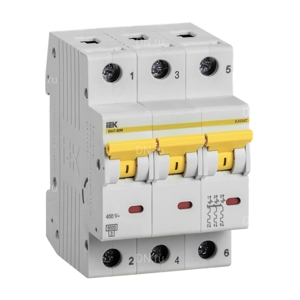 Автоматический выключатель модульный трехполюсный IEK KARAT ВА47-60M 3P (C) 1А 6кА, сила тока 1А, тип расцепителя C, отключающая способность 6кА MVA31-3-001-C