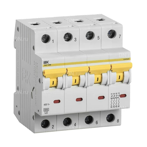 Автоматические выключатели модульные четырехполюсные IEK KARAT ВА47-60M 4P (С) сила тока 1-63А, тип расцепителя С, отключающая способность 6кА