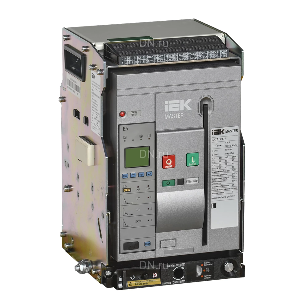 Автоматический выключатель воздушный трехполюсный IEK MASTER BA77 630А 65кА выдвижного исполнения, типоразмер S, сила тока 630А, отключающая способность 65кА MI-ACB10-3WS-065-0630-ACF