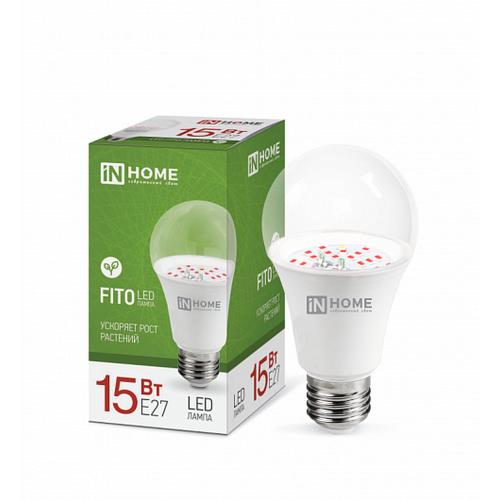 Лампы светодиодные IN HOME LED-A60-FITO для растений, мощность - 15Вт, цоколь - E27, длина - 110мм, форма - груша