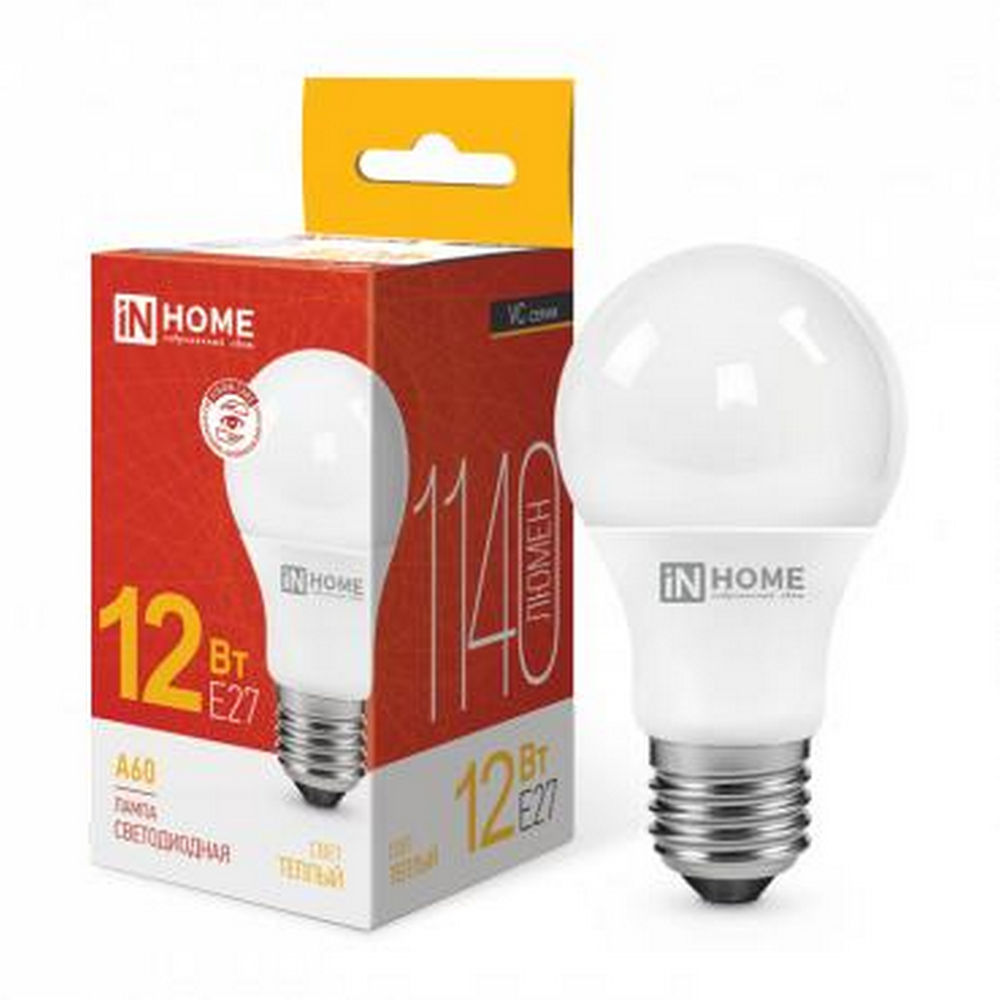 Лампа светодиодная IN HOME LED-A60-VC опаловая, мощность - 12 Вт, цоколь - E27, световой поток - 1140 лм, цветовая температура - 3000 K, форма - грушевидная