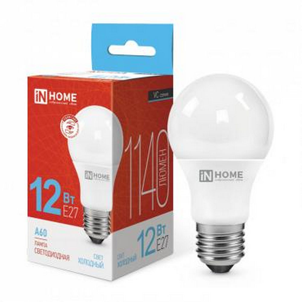 Лампа светодиодная IN HOME LED-A60-VC опаловая, мощность - 12 Вт, цоколь - E27, световой поток - 1140 лм, цветовая температура - 6500 K, форма - грушевидная