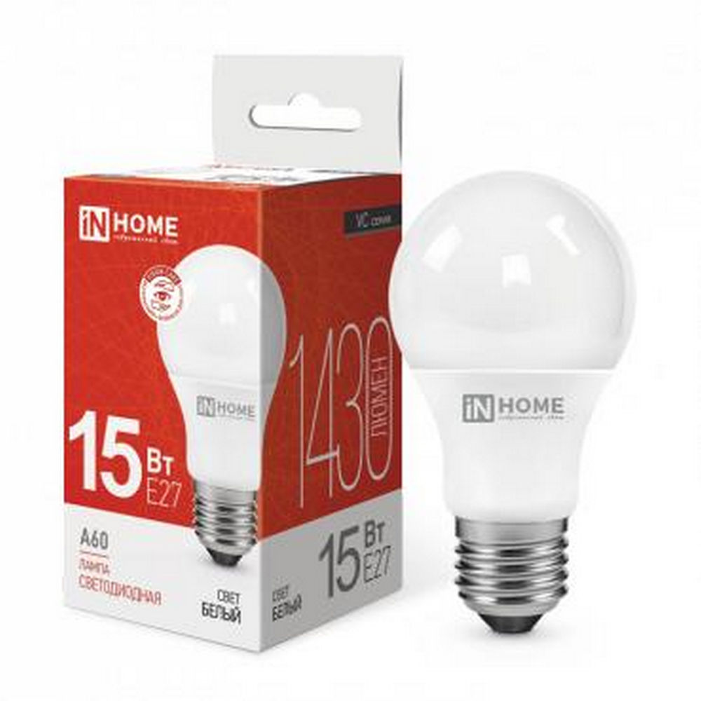 Лампа светодиодная IN HOME LED-A60-VC опаловая, мощность - 15 Вт, цоколь - E27, световой поток - 1430 лм, цветовая температура - 4000 K, форма - грушевидная