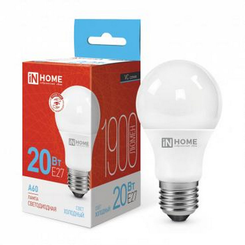 Лампа светодиодная IN HOME LED-A60-VC опаловая, мощность - 20 Вт, цоколь - E27, световой поток - 1900 лм, цветовая температура - 6500 K, форма - грушевидная