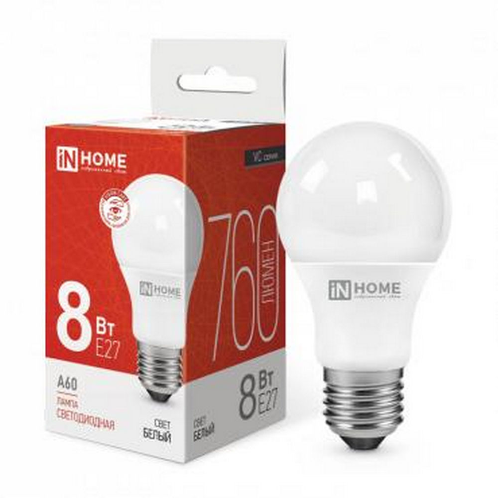 Лампа светодиодная IN HOME LED-A60-VC опаловая, мощность - 8 Вт, цоколь - E27, световой поток - 760 лм, цветовая температура - 4000 K, форма - грушевидная