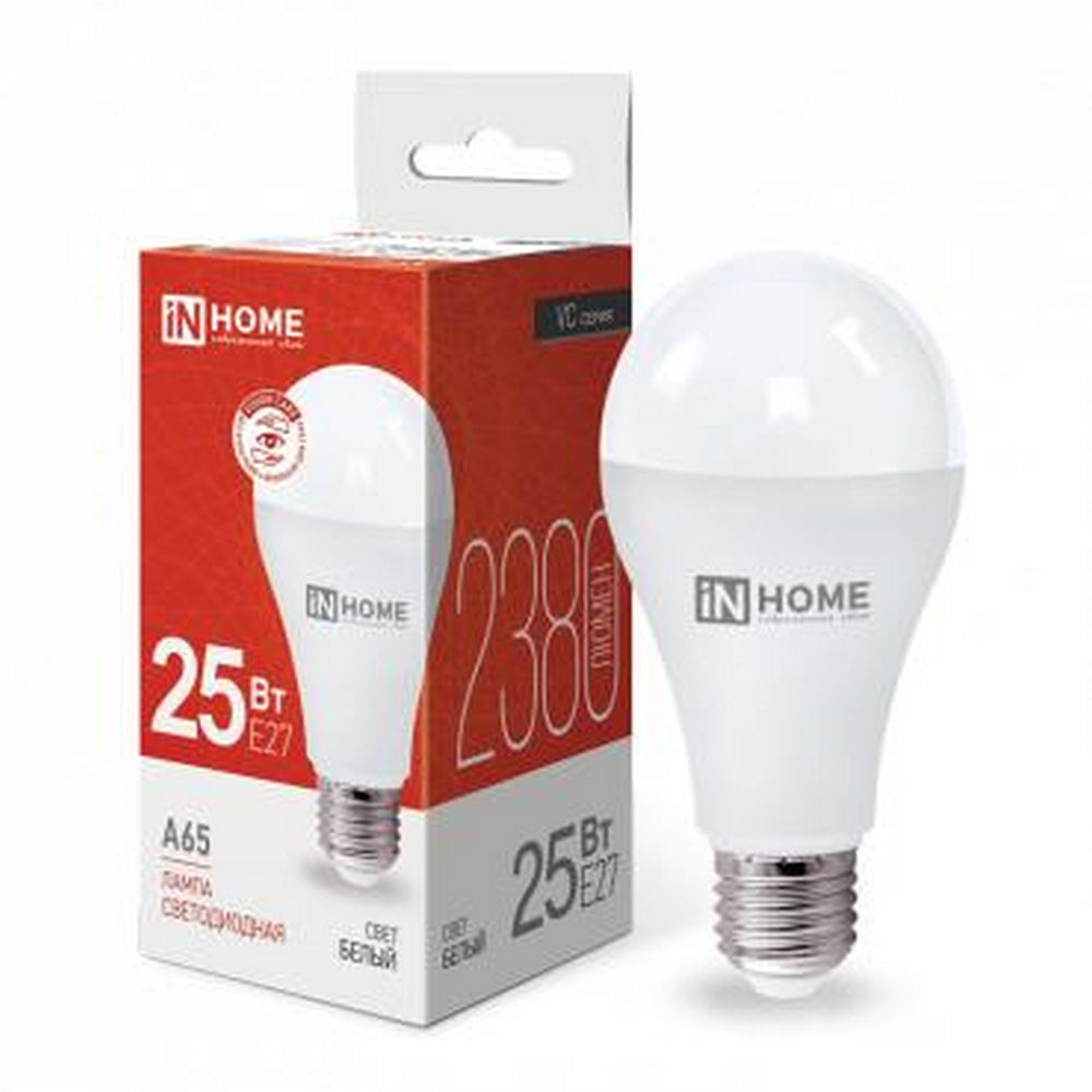 Лампа светодиодная IN HOME LED-A65-VC опаловая, мощность - 25 Вт, цоколь - E27, световой поток - 2250 лм, цветовая температура - 4000 K, форма - грушевидная