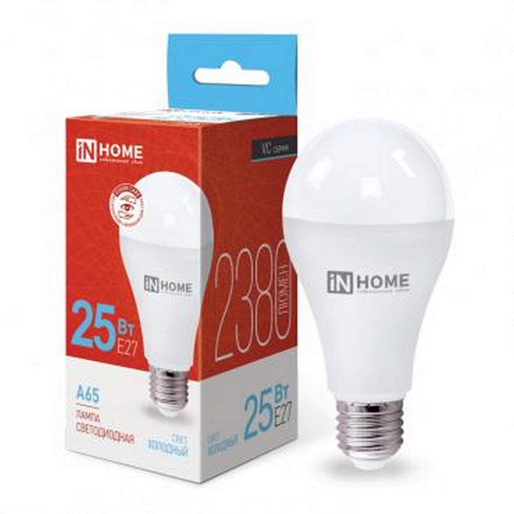 Лампа светодиодная IN HOME LED-A65-VC опаловая, мощность - 25 Вт, цоколь - E27, световой поток - 2380 лм, цветовая температура - 6500 K, форма - грушевидная