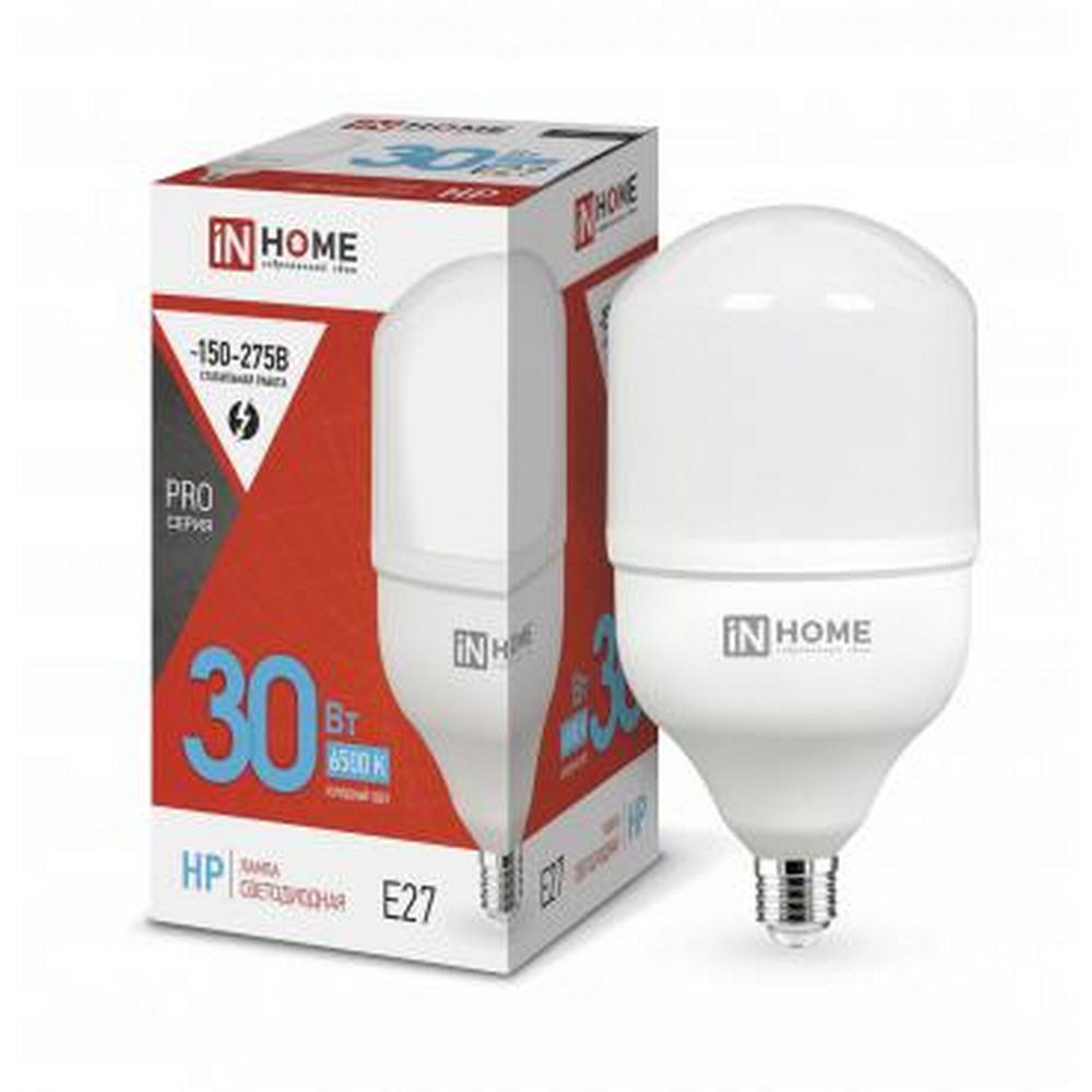 Лампа светодиодная IN HOME LED-HP-PRO опаловая, мощность - 30 Вт, цоколь - E27, световой поток - 2850 лм, цветовая температура - 6500 K, форма - цилиндрическая