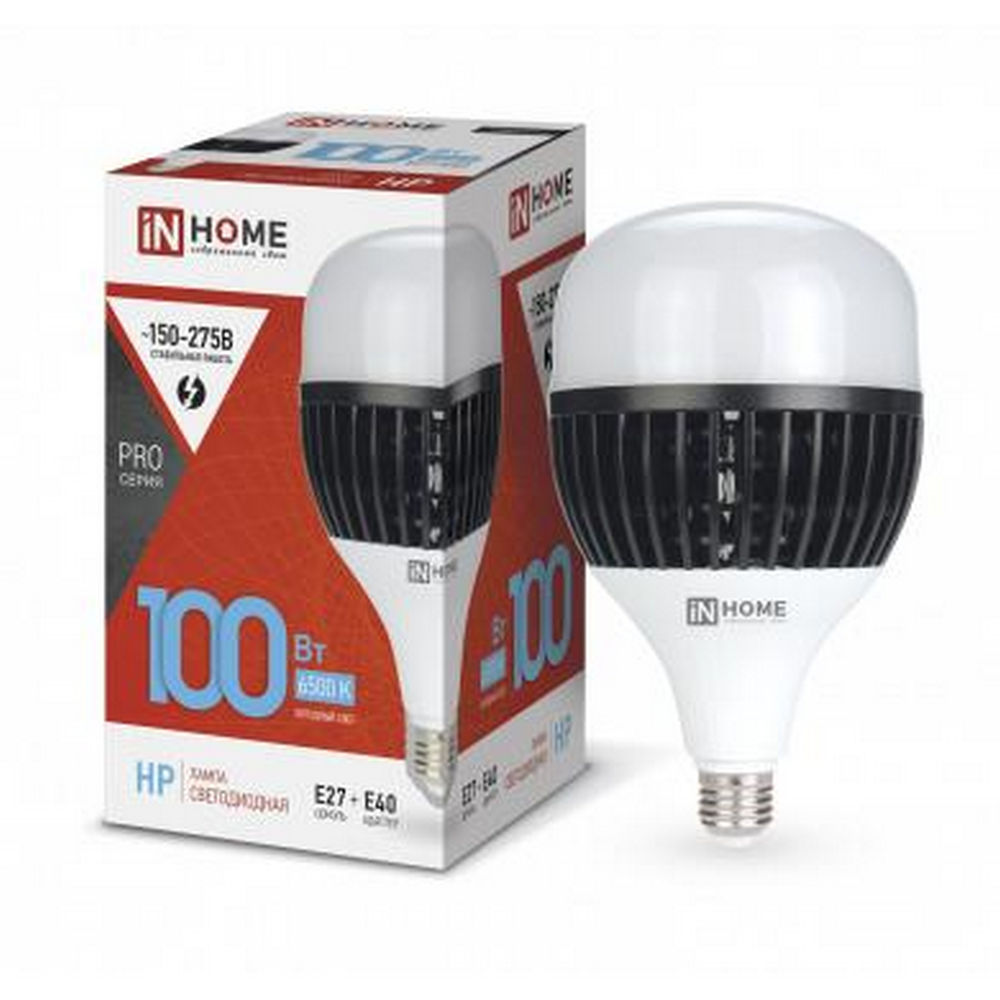 Лампа светодиодная IN HOME LED-HP-PRO матовая, мощность - 100 Вт, цоколь - E27/E40, световой поток - 9500 лм, цветовая температура - 6500 K, форма - грушевидная