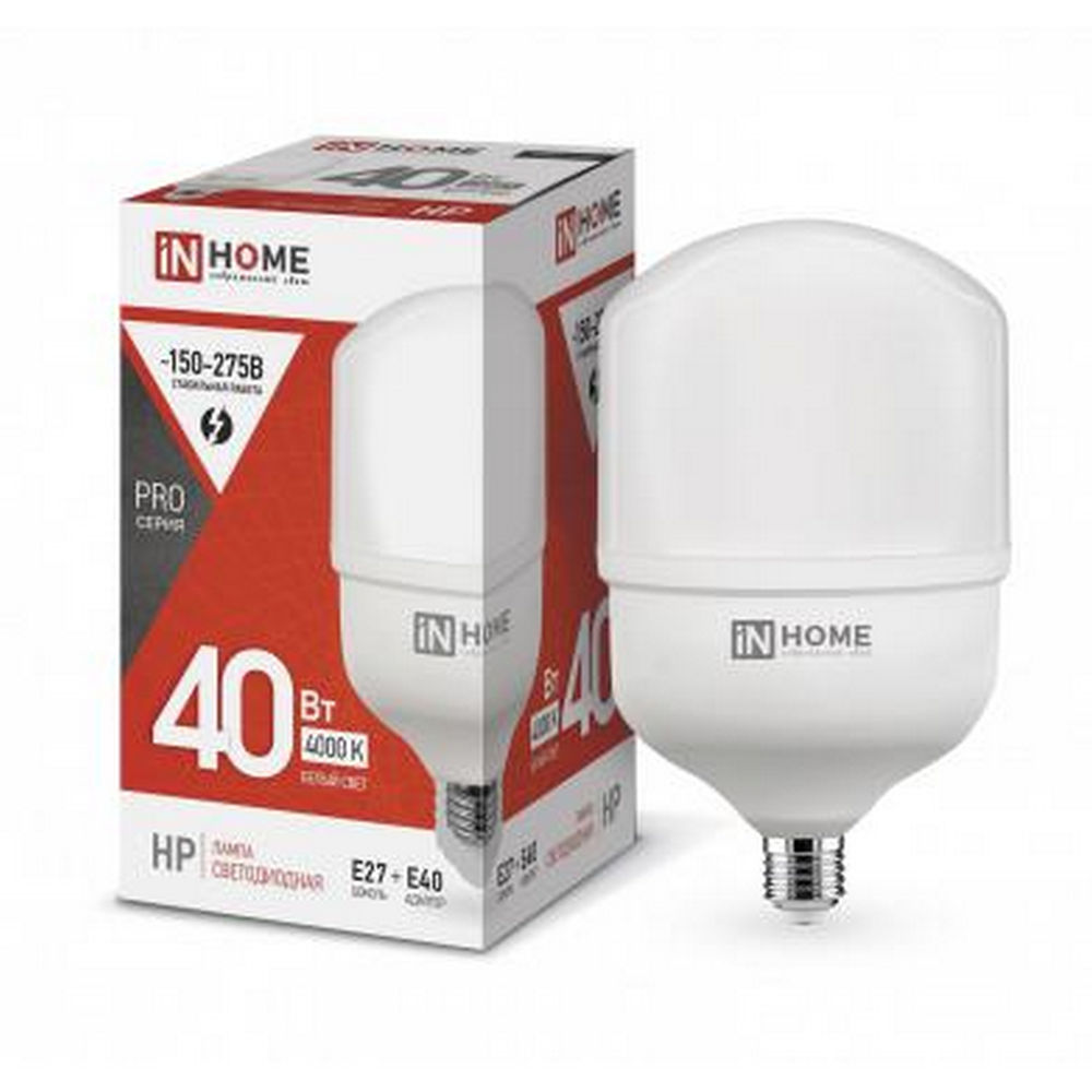 Лампа светодиодная IN HOME LED-HP-PRO опаловая, мощность - 40 Вт, цоколь - E27/E40, световой поток - 3800 лм, цветовая температура - 4000 K, форма - цилиндрическая