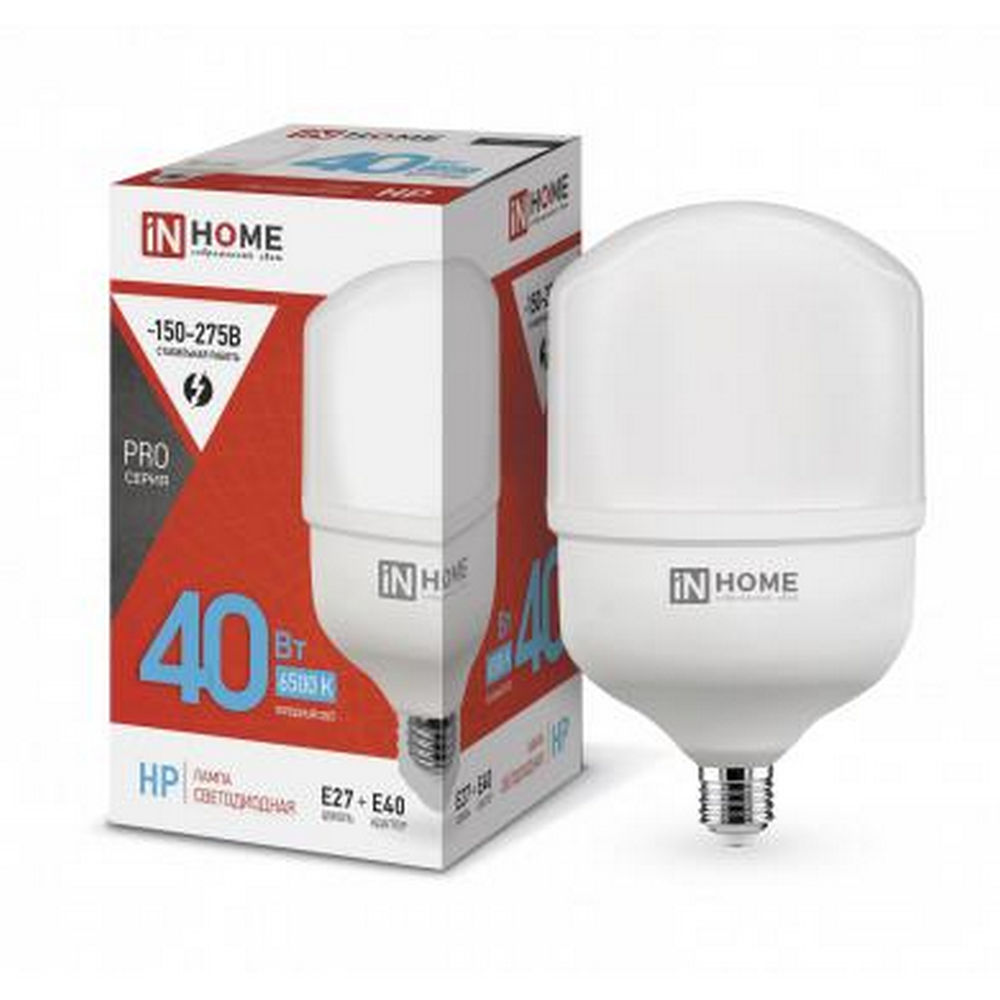 Лампа светодиодная IN HOME LED-HP-PRO опаловая, мощность - 40 Вт, цоколь - E27/E40, световой поток - 3800 лм, цветовая температура - 6500 K, форма - цилиндрическая