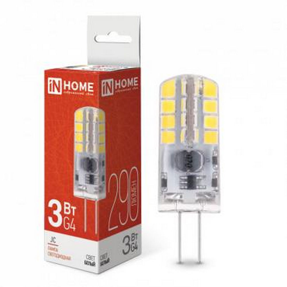 Лампа светодиодная IN HOME LED-JC прозрачная, мощность - 3 Вт, цоколь - G4, световой поток - 290 лм, цветовая температура - 4000 K, форма - капсульная