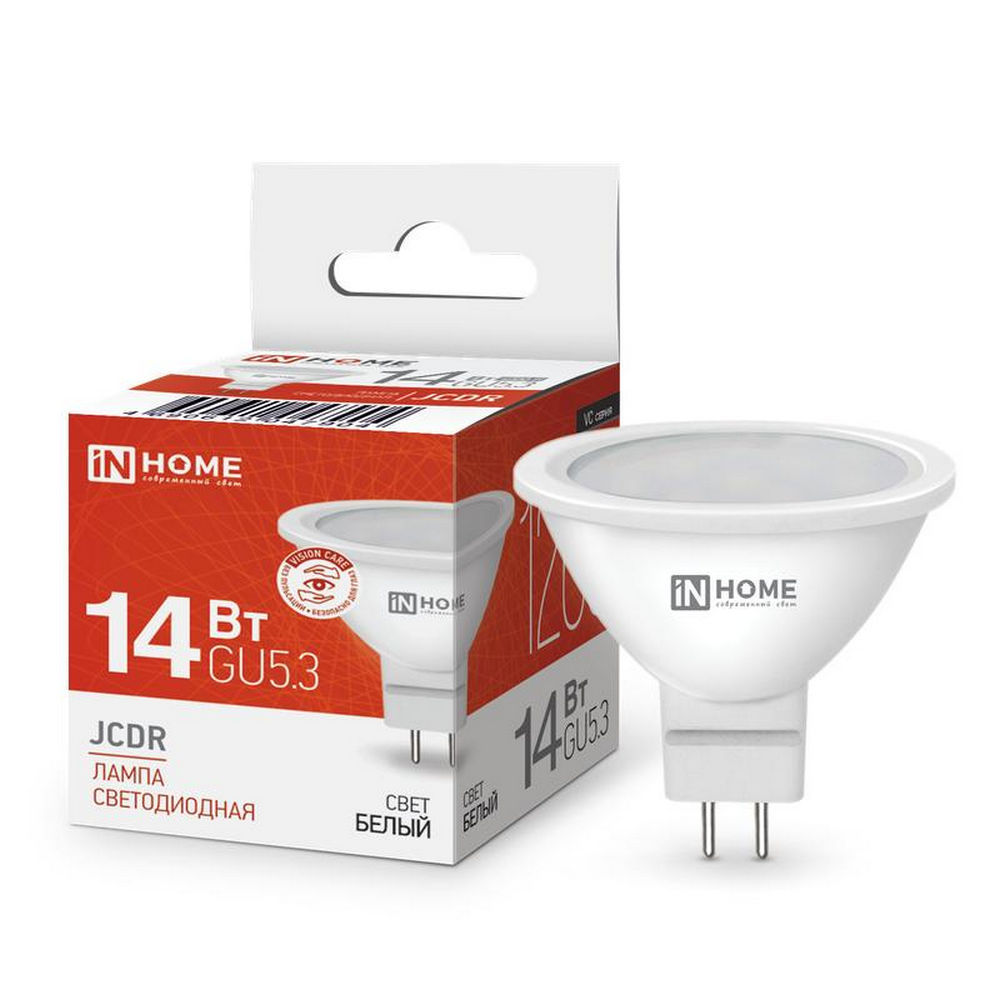 Лампа светодиодная IN HOME LED-JCDR-VC прозрачная, мощность - 14 Вт, цоколь - GU5.3, световой поток - 1260 лм, цветовая температура - 4000 K, форма - рефлектор