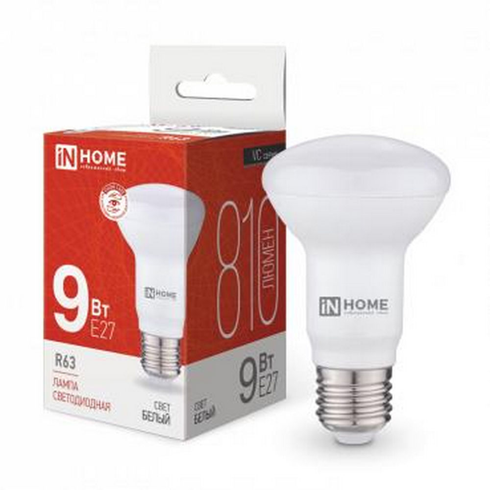 Лампа светодиодная IN HOME LED-R63-VC, мощность - 9 Вт, цоколь - E27, световой поток - 810 лм, цветовая температура - 4000 K, форма - рефлектор