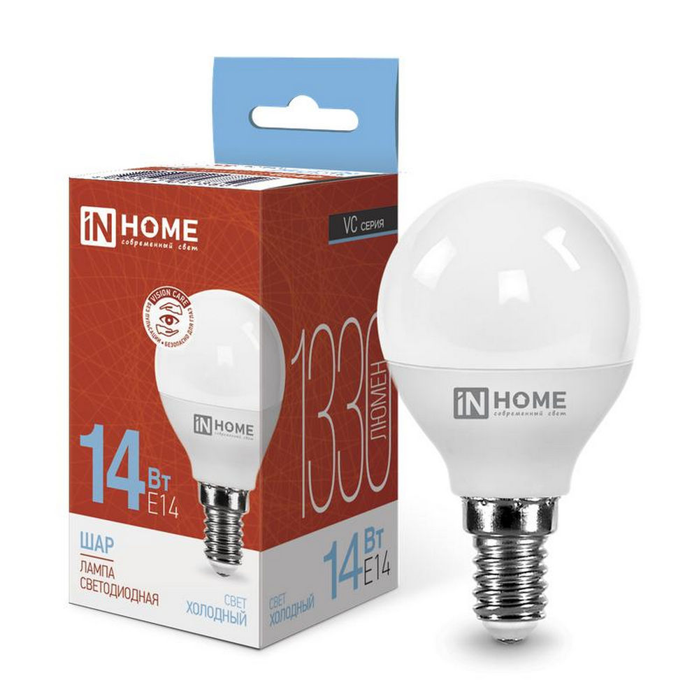 Лампа светодиодная IN HOME LED-шар-VC матовая, мощность - 14 Вт, цоколь - E14, световой поток - 1330 лм, цветовая температура - 6500 K, форма - шар
