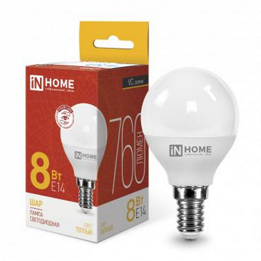 Лампа светодиодная IN HOME LED-шар-VC матовая, мощность - 8 Вт, цоколь - E14, световой поток - 760 лм, цветовая температура - 3000 K, форма - шар