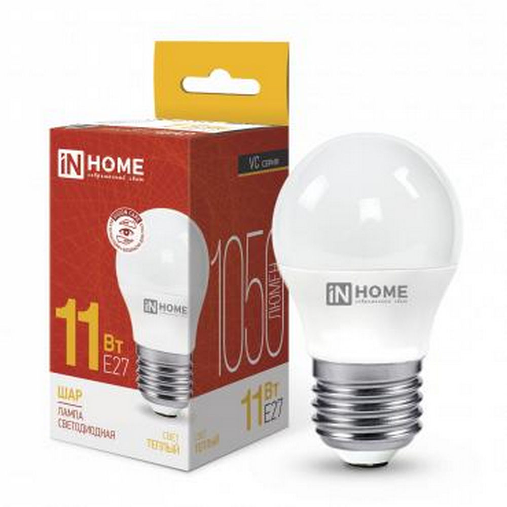 Лампа светодиодная IN HOME LED-шар-VC матовая, мощность - 11 Вт, цоколь - E27, световой поток - 1050 лм, цветовая температура - 3000 K, форма - шар