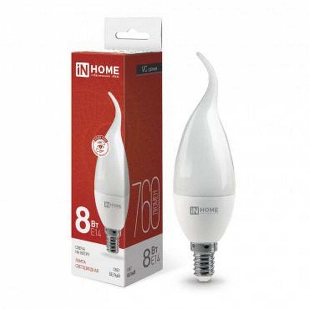 Лампа светодиодная IN HOME LED-свеча на ветру-VC опаловая, мощность - 8 Вт, цоколь - E14, световой поток - 760 лм, цветовая температура - 4000 K, форма - свеча на ветру