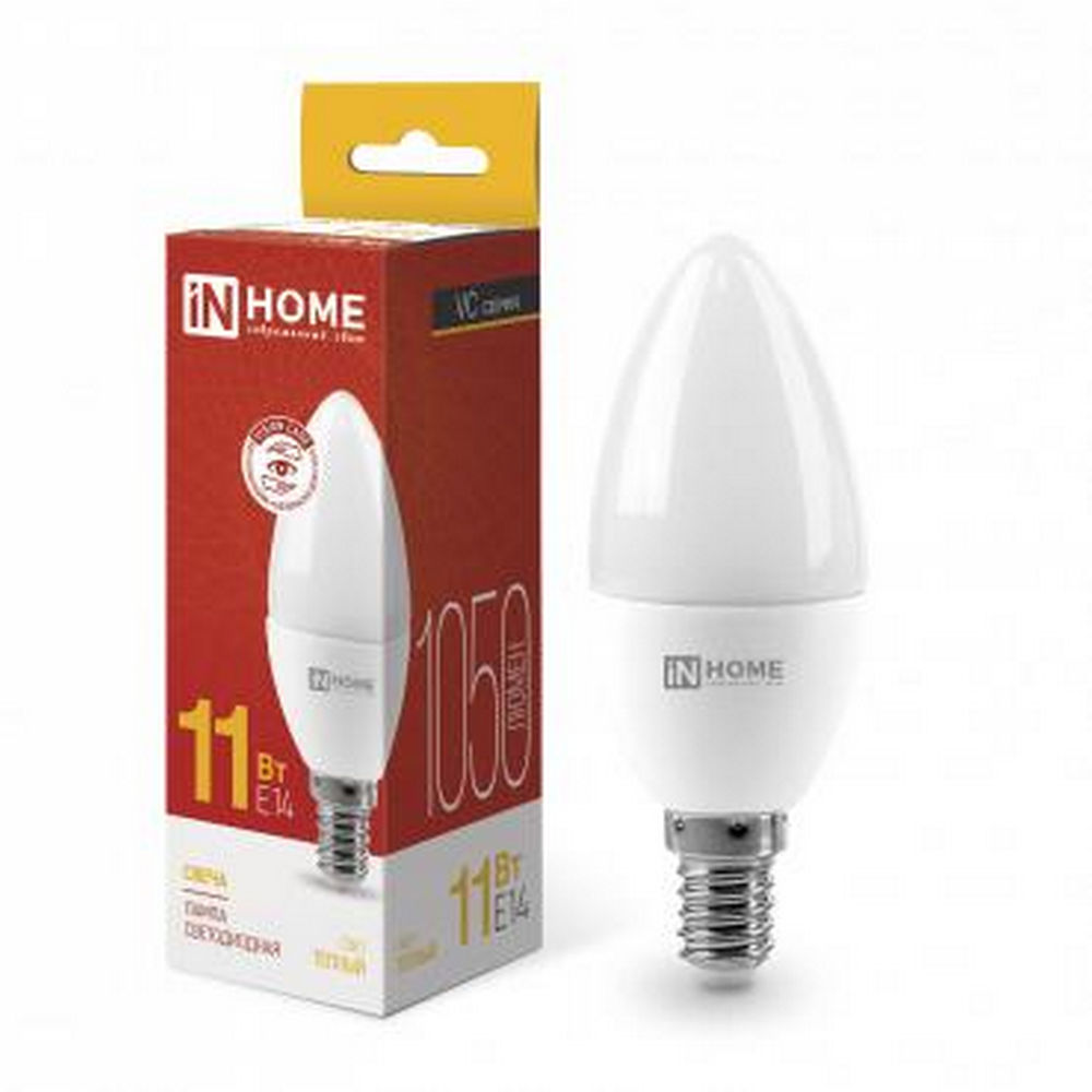 Лампа светодиодная IN HOME LED-свеча-VC матовая, мощность - 11 Вт, цоколь - E14, световой поток - 1050 лм, цветовая температура - 3000 K, форма - свеча