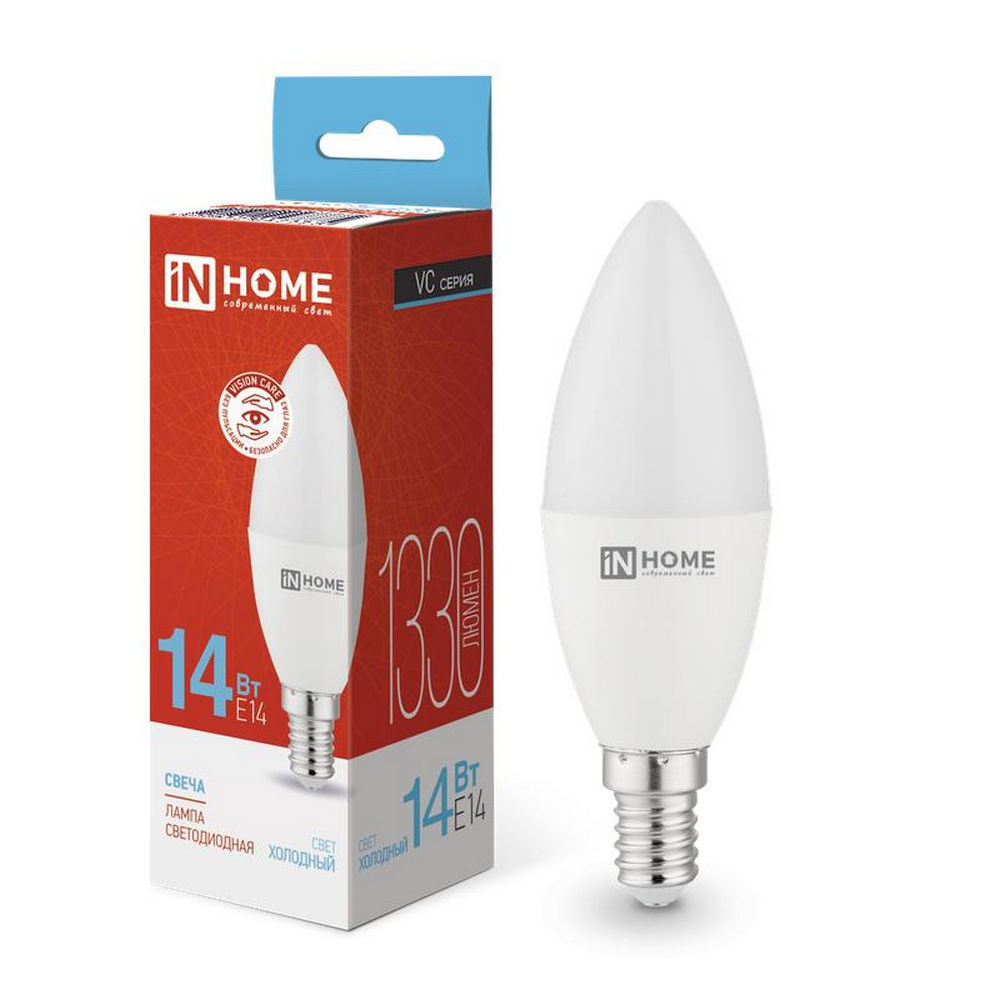 Лампа светодиодная IN HOME LED-свеча-VC матовая, мощность - 14 Вт, цоколь - E14, световой поток - 1330 лм, цветовая температура - 6500 K, форма - свеча