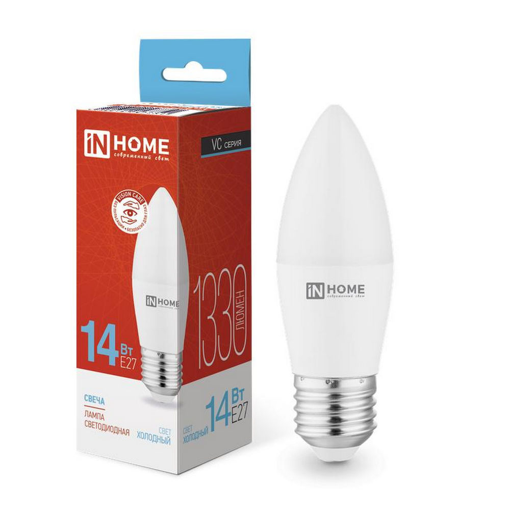 Лампа светодиодная IN HOME LED-свеча-VC матовая, мощность - 14 Вт, цоколь - E27, световой поток - 1330 лм, цветовая температура - 6500 K, форма - свеча
