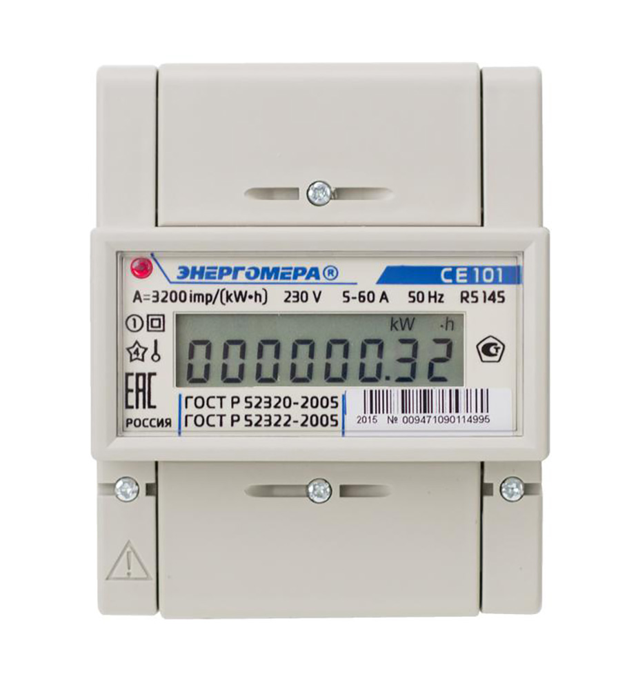 изображение Счетчик электроэнергии однофазный Энергомера CE101 R5/60A-5A напряжение питания 230В, 50Гц, количество тарифов - 1, класс точности 1, на DIN-рейку