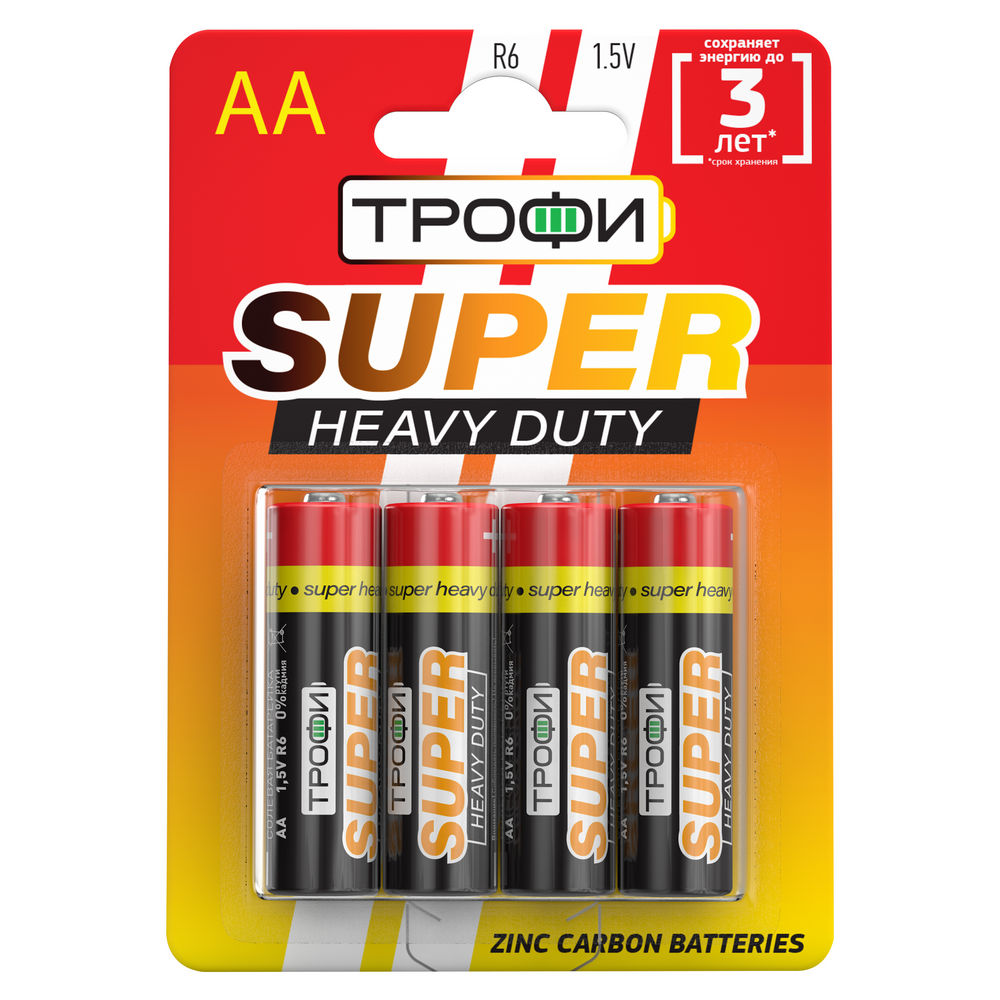 Батарейки ТРОФИ SUPER HEAVY DUTY Zinc количество - 4, размер - R6, емкость - 2.75 Ач