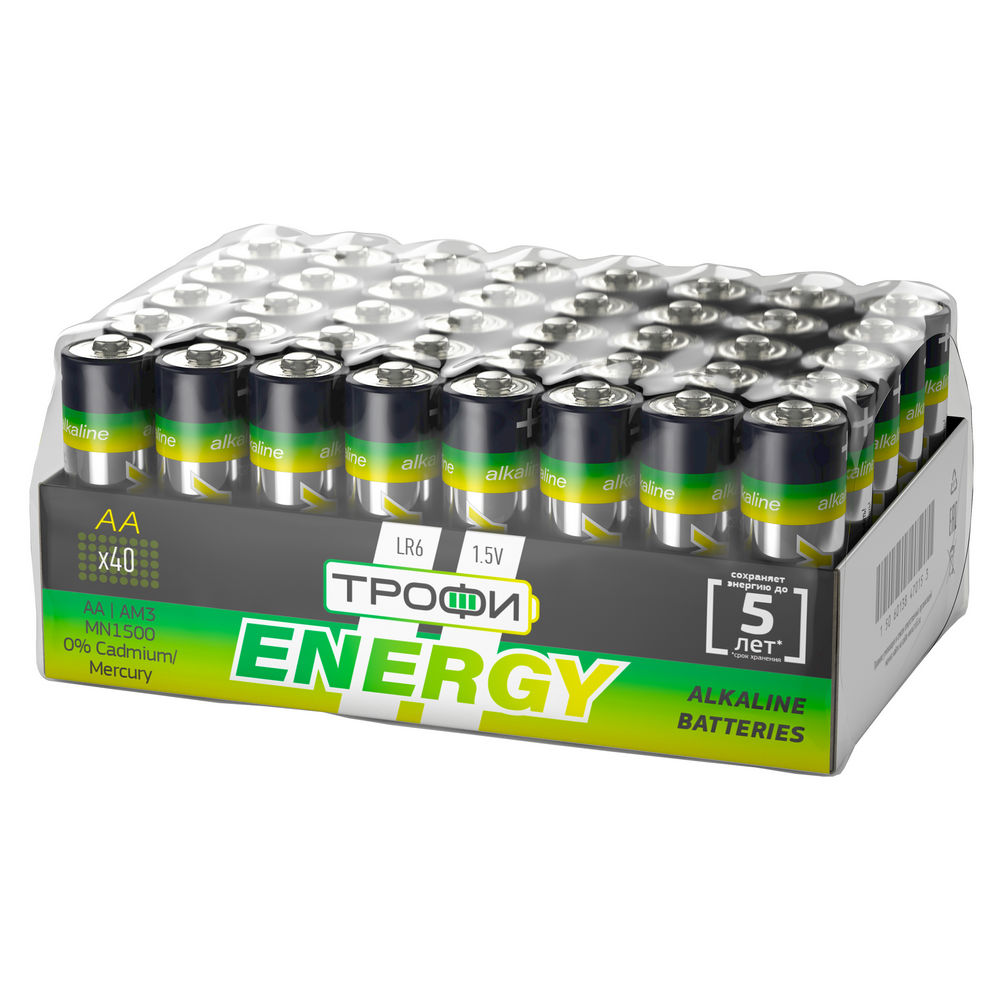 Батарейки ТРОФИ ENERGY Alkaline количество - 40, размер - LR6, емкость - 0.075 Ач