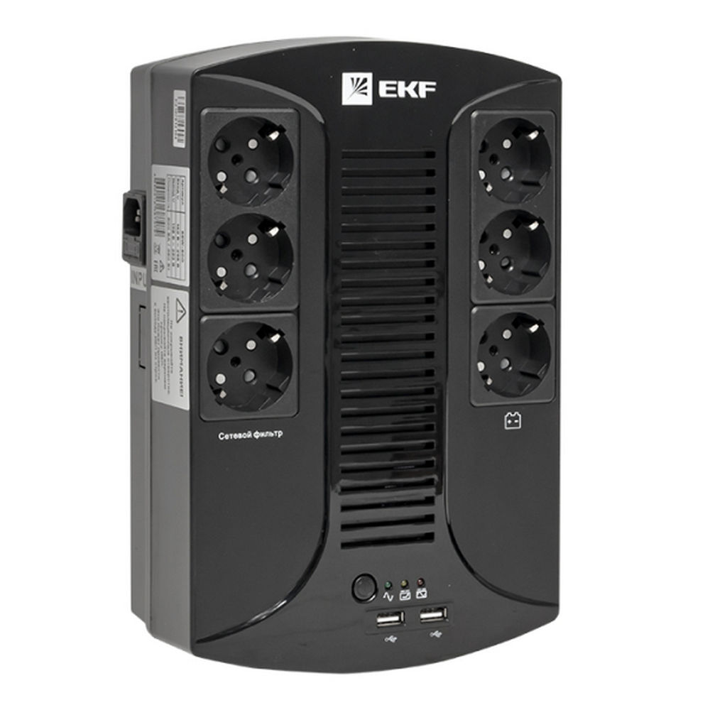 Источник бесперебойного питания (ИБП) EKF E-Power Home PROxima 800 ВА, 480 Вт, розеток - 6 x Schuko, линейно-интерактивный, тип подключения - USB