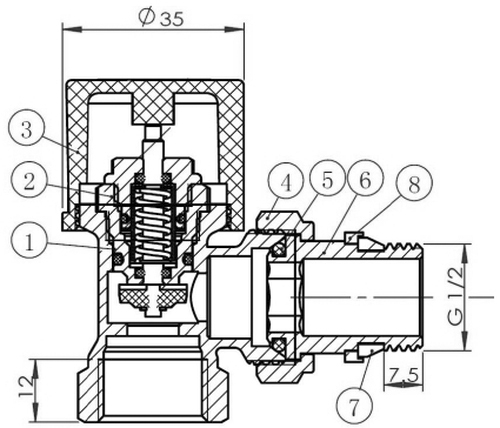 Клапан термостатический IVANCI IVC.103006 1/2″ Ду15 Ру10 угловой, для радиаторов, со стопорным кольцом, внутренняя / наружная резьба, корпус - латунь