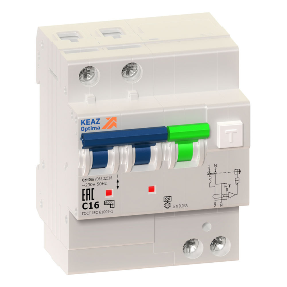 Автоматический выключатель дифференциального тока двухполюсный КЭАЗ OptiDin VD63 2P (C) 16А А30, ток утечки 30 мА, переменный, сила тока 16 А