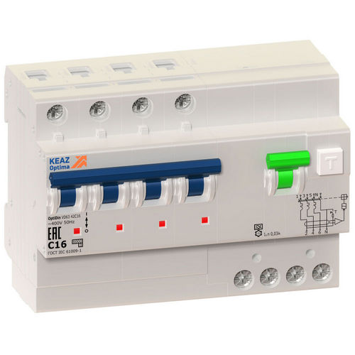 Автоматические выключатели дифференциального тока четырехполюсные КЭАЗ OptiDin VD63 4P (C), ток утечки 30 мА, сила тока 10-40 А