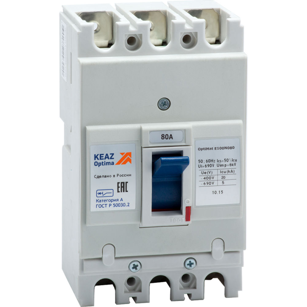 Автоматический выключатель трехполюсный КЭАЗ OptiMat E100 80А 20кА, сила тока 80 A, отключающая способность 20 кА
