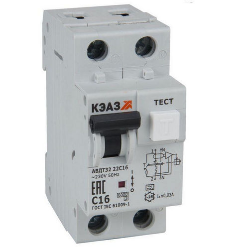 Автоматические выключатели дифференциального тока двухполюсные КЭАЗ АВДТ32 6кА 2P, ток утечки 30 мА, сила тока 10-32 А