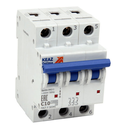 Автоматические выключатели трехполюсные КЭАЗ OptiDin BM63 10кА 3P (C), сила тока 16-63 A, тип расцепителя C, отключающая способность 10 кА
