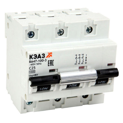 Автоматические выключатели трехполюсные КЭАЗ ВА47-100 3P (C), сила тока 63 A, тип расцепителя C, отключающая способность 10 кА