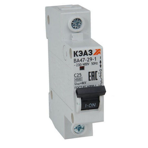 Автоматические выключатели однополюсные КЭАЗ ВА47-29 1P (C), сила тока 6-16 A, тип расцепителя C, отключающая способность 4.5 кА